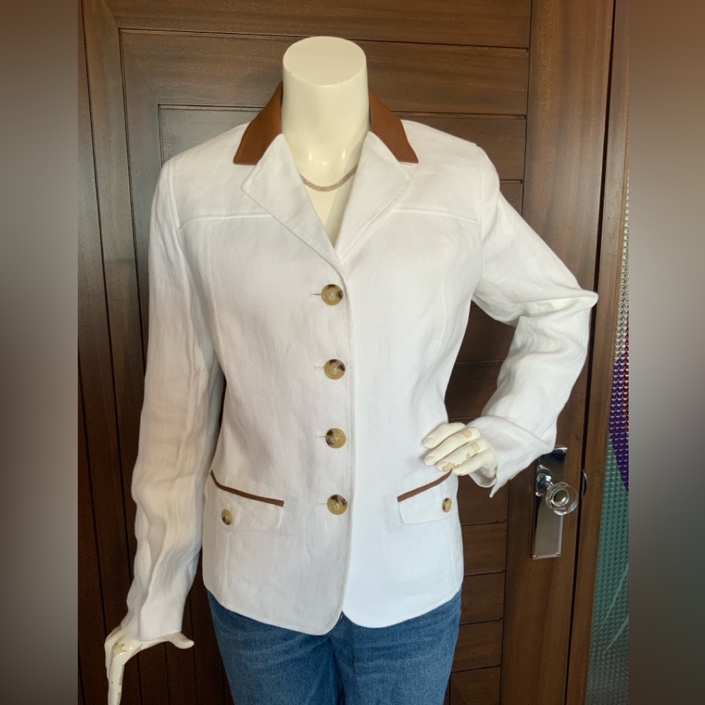 RALPH LAUREN Linen & Leather Blazer, White Sz. 12